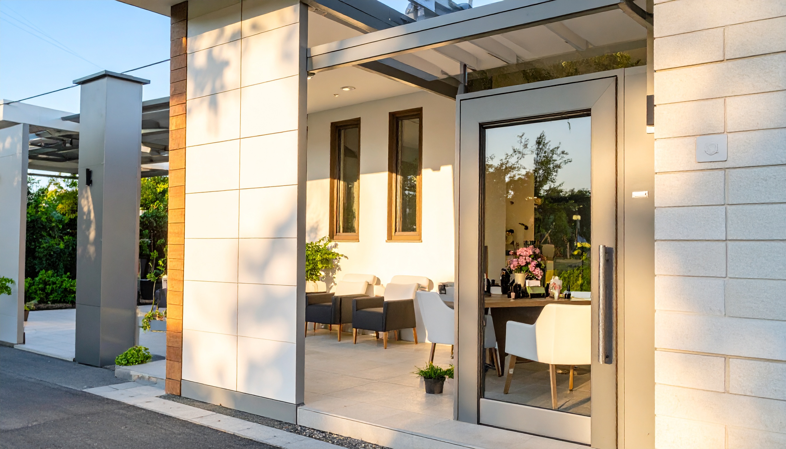 外観写真の見本：斜め前から、看板と入口が見える角度で撮影