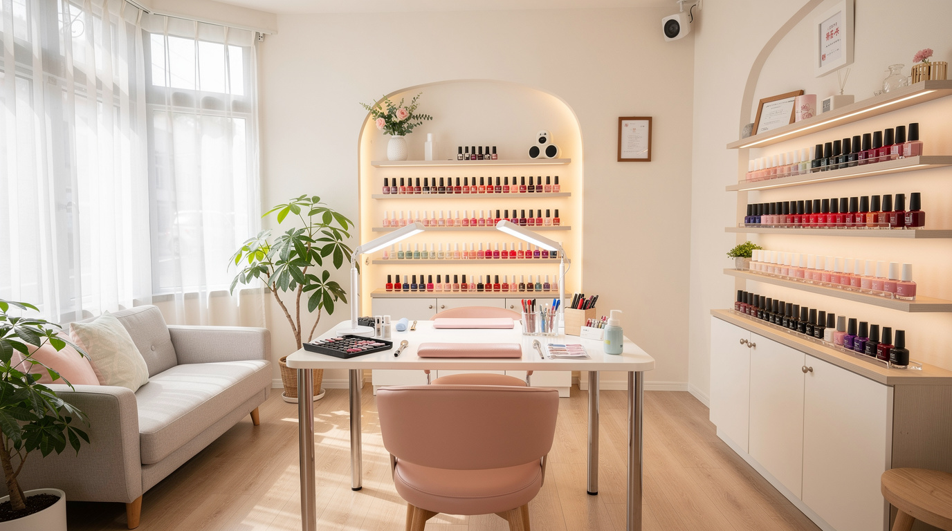 内観写真の見本：窓からの自然光、整理整頓された店内、広角で全体が見える