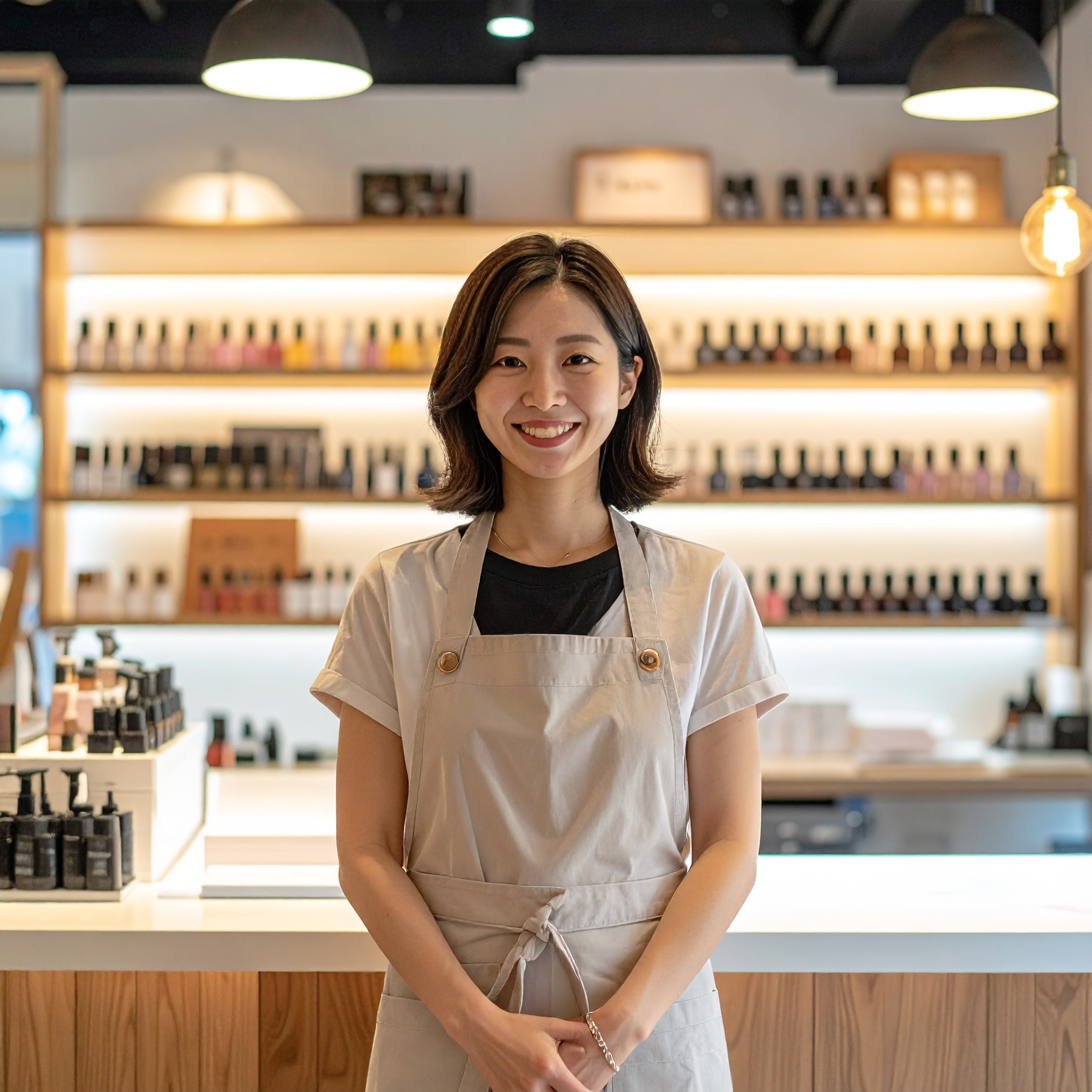 店主写真の見本：上半身、自然な笑顔、仕事着、背景にお店の商品棚