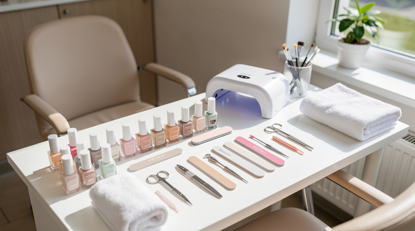 商品写真の見本：窓際の自然光、やや斜め上から、シンプルな背景に道具を整列