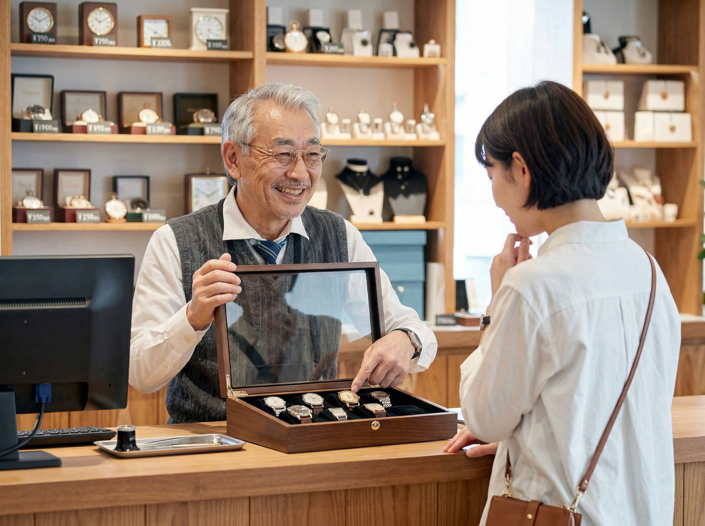 笑顔で接客する時計店の店主